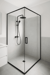 Frameless custom shower screen in a modern bathroom with natural lighting and matte black fixtures